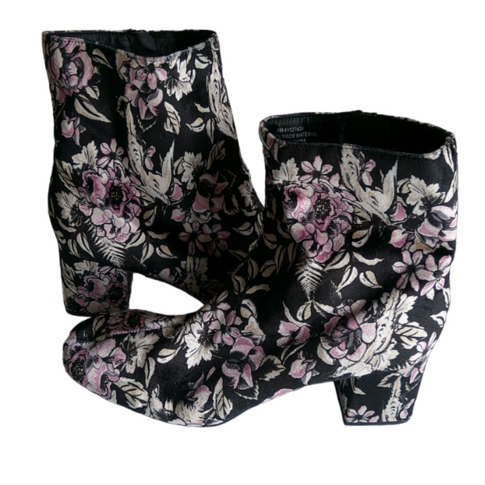 Vintage Cato Women's Black Velvet Floral Chunky Heel Ankle Boots